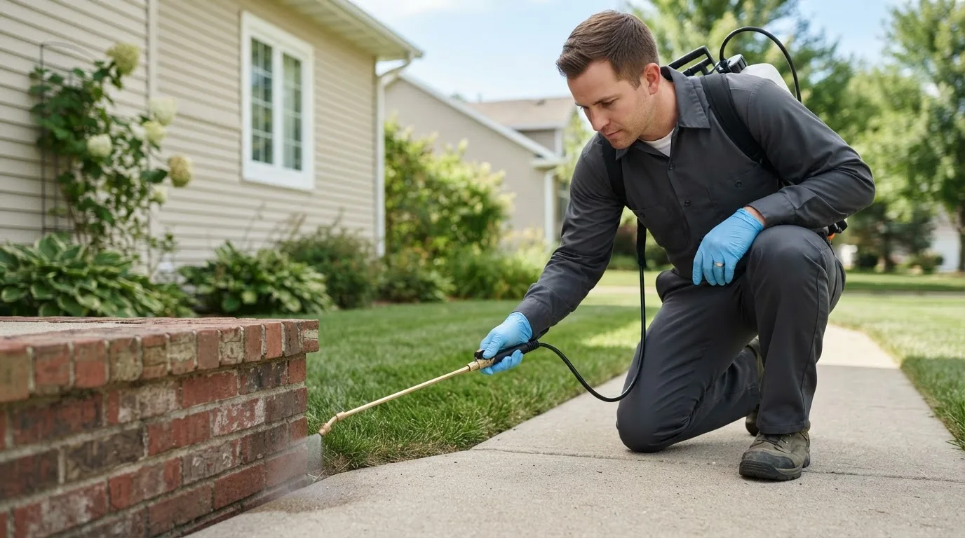 Pest control technician treating a home near Malad City, ID
